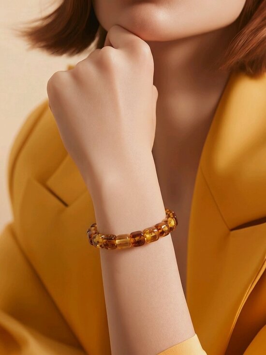 Hand Crafted Jewelry - Handmade ✦ Amber Cube Bead Bracelet ✦ Honey Tone Natural Stone Stretch Design
